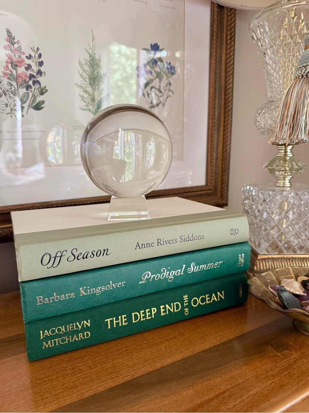 Summer book stack in shades of green